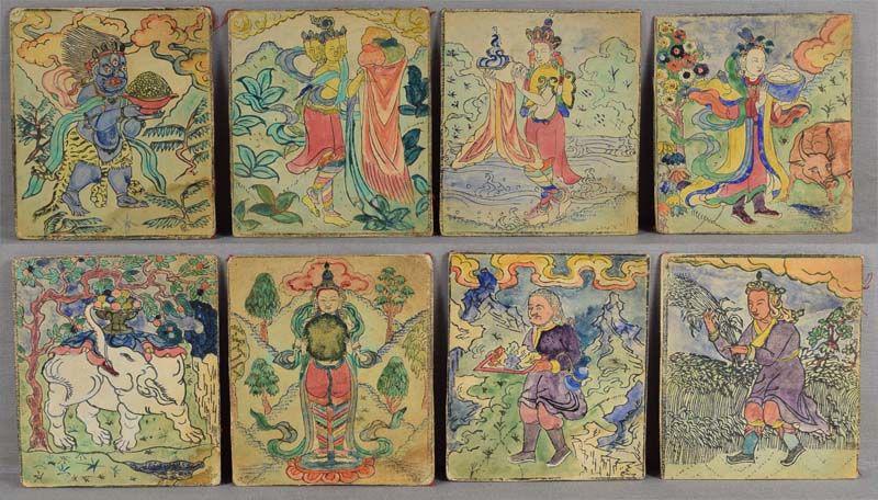 19c set of 8 TSAKLI Tibetan Buddhist paintings: A set of eight 19th century Tibetan tsakli printed with ink and painted with colors on thick multilayered paper with cotton backing, seven depicting various deities offering gifts and one of a white e