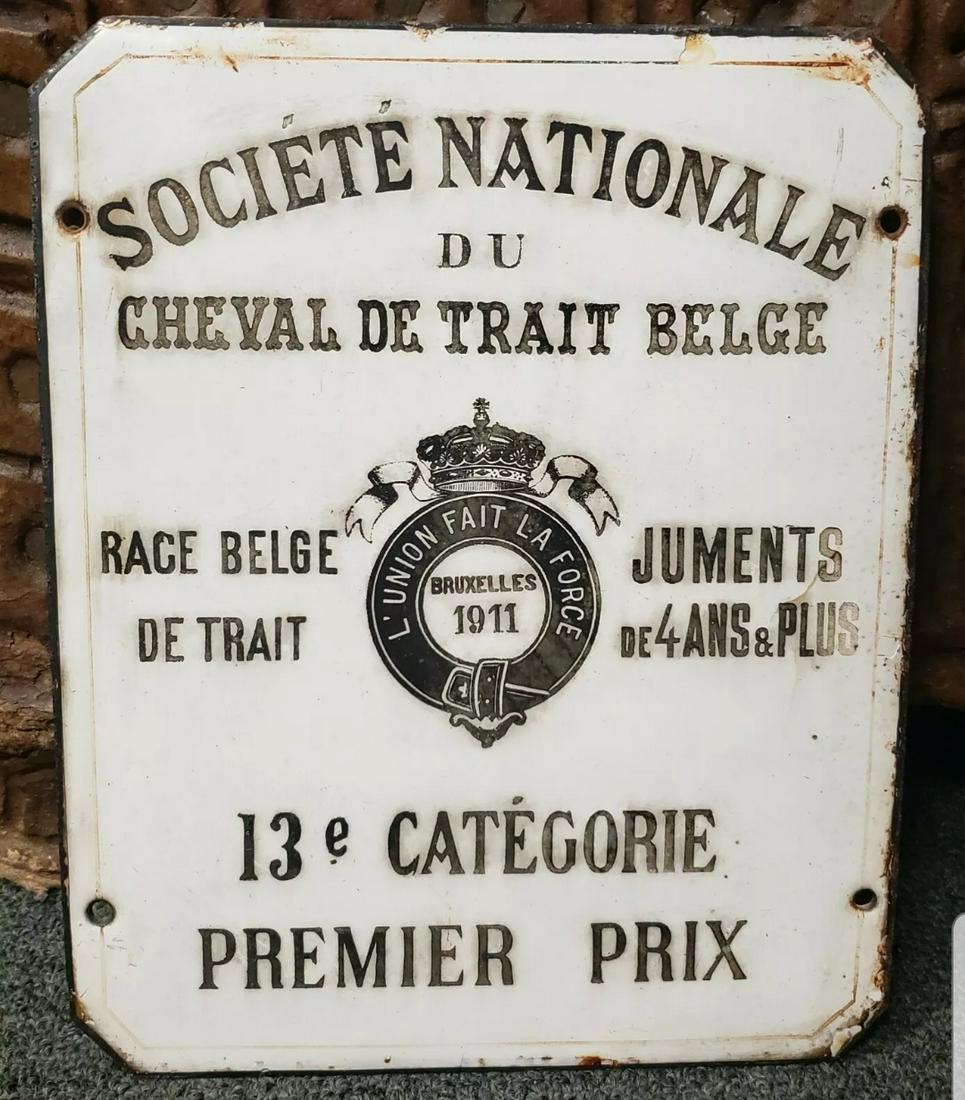 1911 Belgian Draft Horse Award Porcelain Enameled Sign (1 of 2)