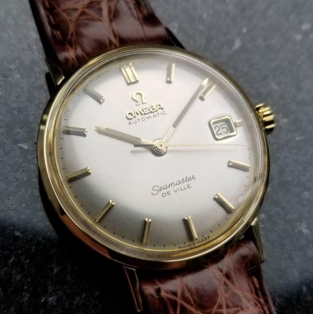 Omega Seamaster Deville Solid 14k Gold Swiss 1960s: Vintage Unique 34mm Omega Seamaster Deville Solid 14k Gold Automatic 1960s watch on brown genuine Crocodile strap in excellent condition. Swiss Made Watch. Vintage Omega Swiss Beautiful Watch No Damag