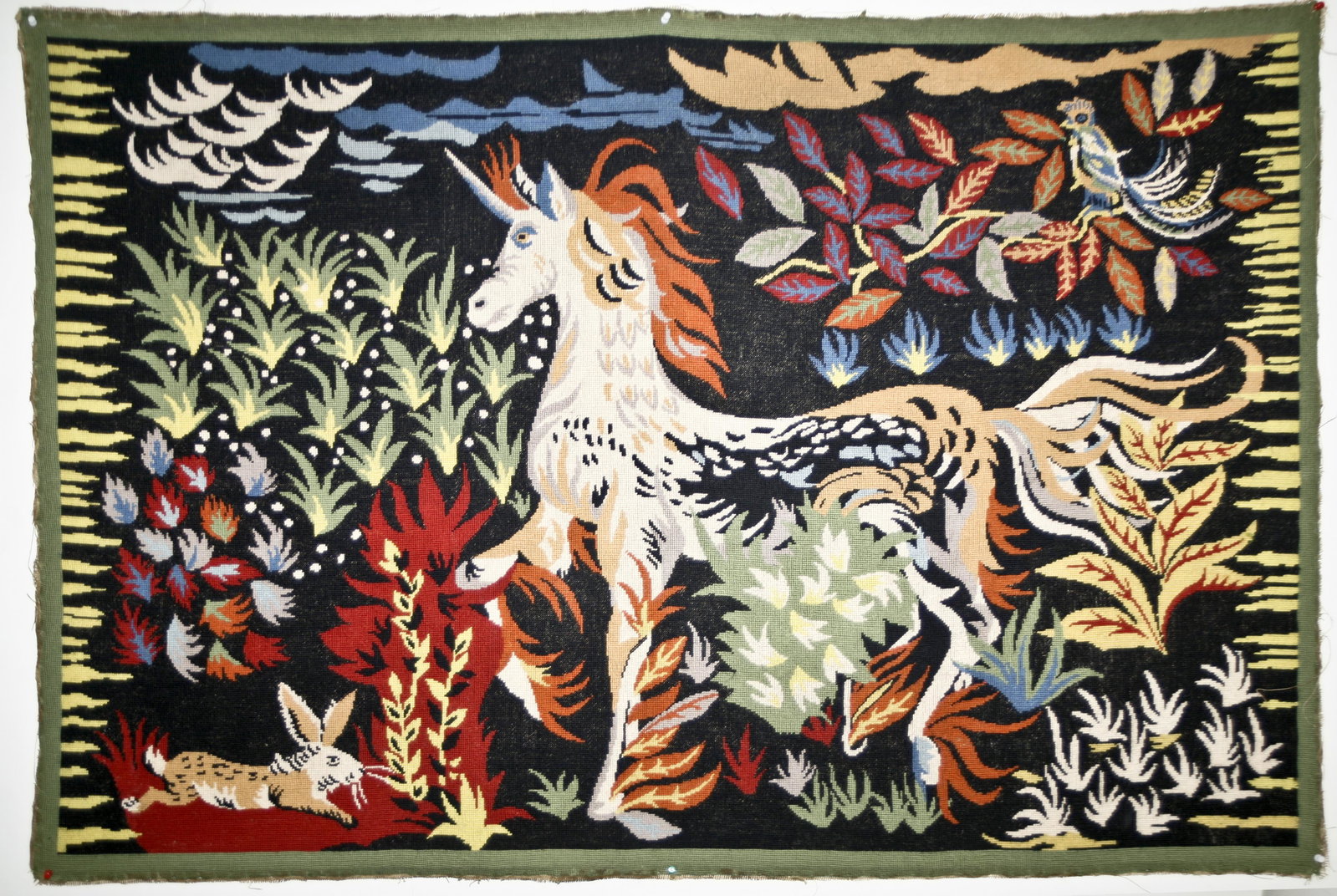 FRENCH TAPESTRY JEAN LURCAT UNICORN MODERNIST AUBUSSON: Made in France in the 1950 this wool tapestry reflect the democratic desire of that time to produce affordable art . Neo fantastic and influenced by art nouveau movement Lurcat tapestry use the vocabu