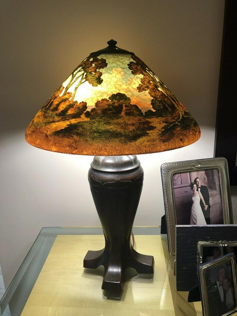 Handel Obverse/revers; e Painted Lamp Duffner Pairpoint: 18" diameter fully signed and numbered. This lamp appears in every major book on Handel..Nicknamed the "Bonzai" lamp 25" tall Painted on the outside and inside giving it incredible depth. Reserve: $7,
