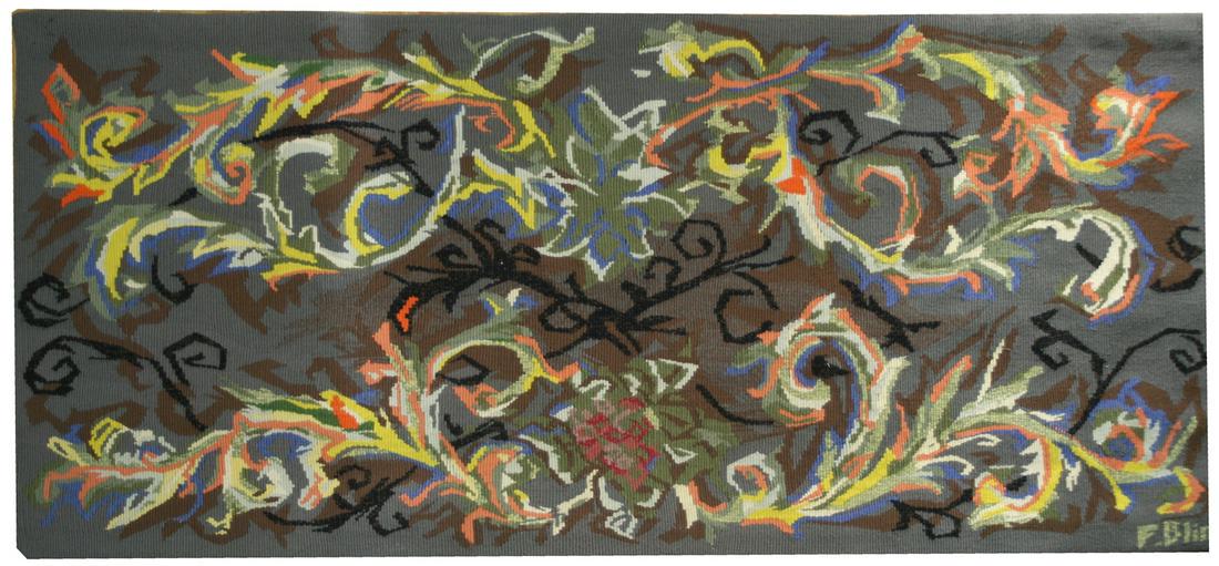 FRENCH TAPESTRY JEAN LURCAT STYLE MODERNIST AUBUSSON: Made in France in the 1950 this wool tapestry reflect the democratic desire of that time to produce affordable art . Neo fantastic and influenced by art nouveau movement Lurcat tapestry use the vocabu