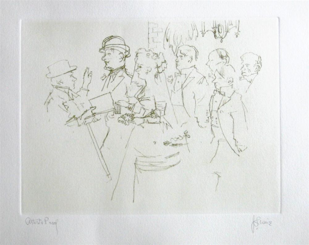 Jack Levine signed original etching "The Wedding": Medium: original soft ground etching, signed in pencil and annotated "Artist's Proof". This etching was executed in 1967 for the "Dreigroschen Film" series, for the limited edition portfolio published