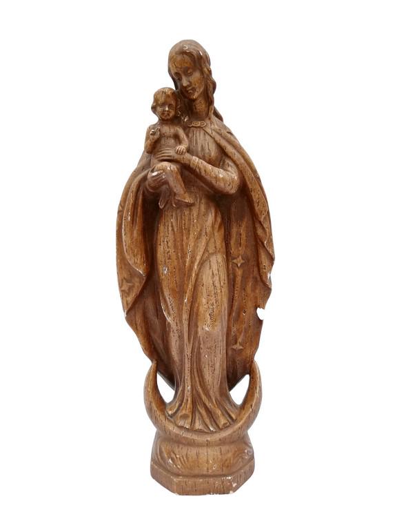 Vintage earthenware sculpture of Mary with baby Jesus: Title: Vintage earthenware sculpture of Mary with baby Jesus Maker: unknown Origin: France Date/Period: 1920 Materials: Earthenware Size: Height: 39 cm / 15.6 inchWidth: 18 cm / 7.2 inch Additional In