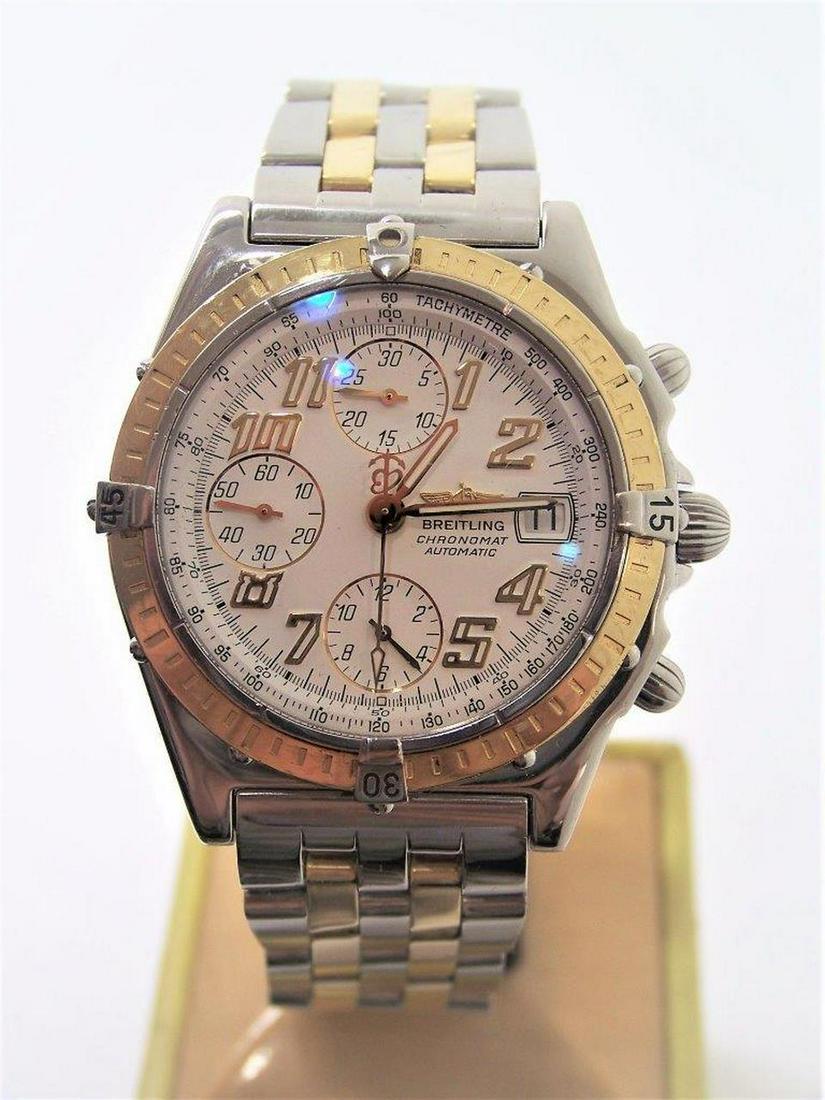 S/Steel & 18k BREITLING CHRONOMAT Chronograph Automatic: Description S/Steel & 18k BREITLING CHRONOMAT Chronograph Automatic Watch D13050.1 in Excellent Condition This Men's BREITLING watch is Swiss made. Great present for yourself or someone you love! * St
