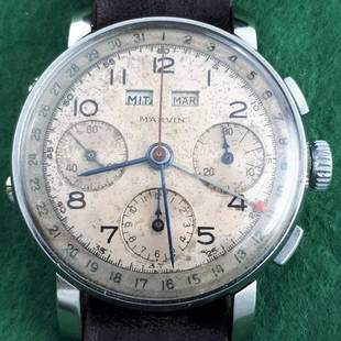 MARVIN - Vintage Chronograph Triple Date - Men -: Brand:MARVIN Model:Vintage Chronograph Triple Date Gender:Men Period:1960-1969 Movement:Manual winding Dial: Salmon Dial Case material:Steel Extras:Universal Watch Box Type:Chronograph