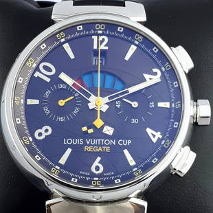 Louis Vuitton - Tambour LV Cup Regate auto Chrono: Brand:Louis Vuitton Model:Tambour LV Cup Regate auto Chrono flyback Reference Number:Q10211 Gender:Men Period:2011-present Movement:Automatic Case material:Steel Extras:Box, Documents 