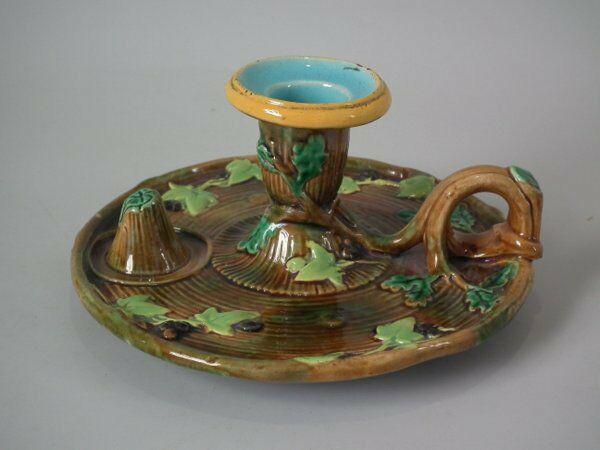 George Jones Majolica Chamberstick Candle Holder: Title: George Jones Majolica Chamberstick Candle Holder Description: George Jones Majolica Chamberstick Candle Holder Description George Jones Majolica candlestick holder which features oak and ivy le