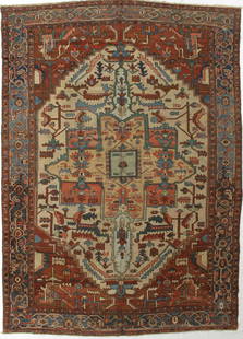 Serapi: Title: SerapiOrigin: IranCirca: 1880Materials: woolSize:9.2x13.2Description:Antique Serapi Reserve: $9,000.00 Shipping:Domestic: Flat-rate of $120.00 to anywhere within the contiguous