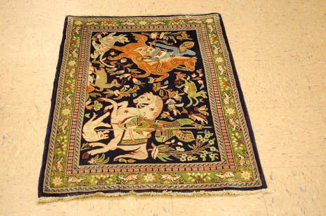 c1980s Vintage ANIMAL SCENERY_KORK WOOL _HIGH KPSI: Title: c1980s Vintage ANIMAL SCENERY_KORK WOOL _HIGH KPSI PRSIAN TABRZ RUG 2.6x3.6Description: Vintage FINE KORK WOOL_HIGH KPSI_VILLAGE SCENE DESIGN with MAN ON HORSE BACK PRSIAN TABRZ RUG c1980s
