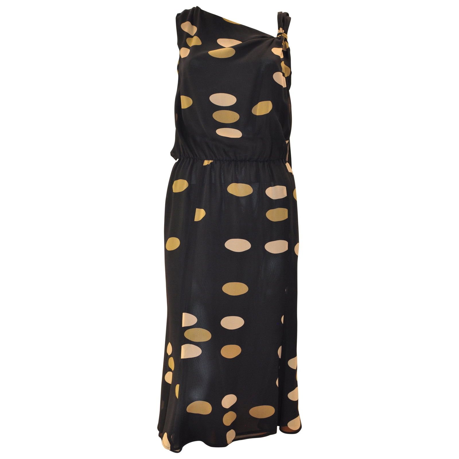 Max Mara Silk Dress with Disc Design 6US: Title: Max Mara Silk Dress with Disc Design 6US Details: Assymetrical neckline and a draped shoulder with scarf detail (the picture shows scarf at back), this dress is easy to wear day or night. The w