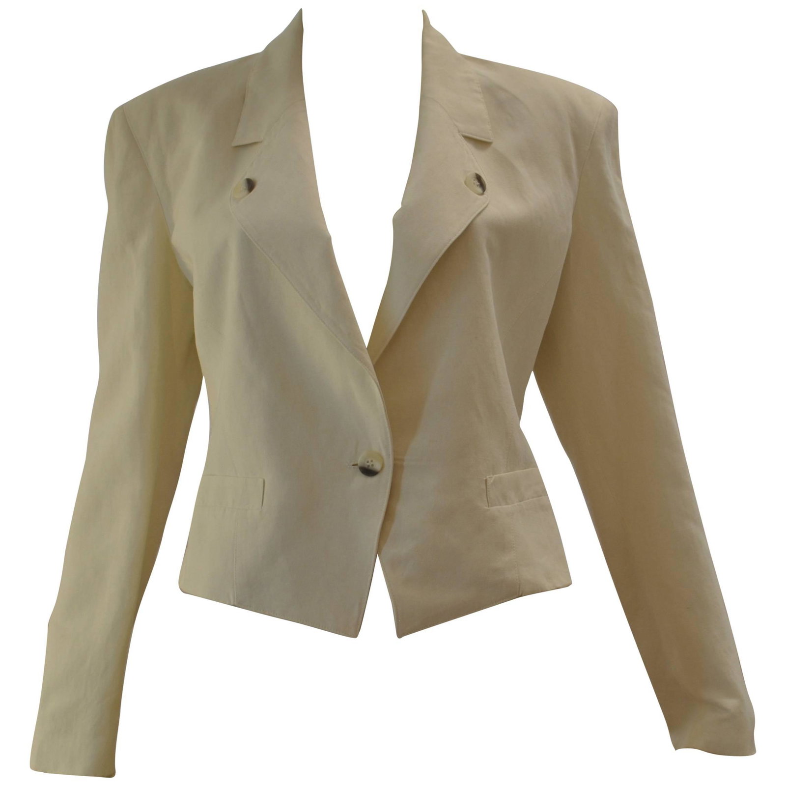 1980s Off-White Byblos Jacket by Keith Varty (44 ITL): Title: 1980s Off-White Byblos Jacket by Keith Varty (44 ITL) Details: This tuxedo style jacket is made of a linen blend and has a notched lapel with a button each side; a one button closure; two slit