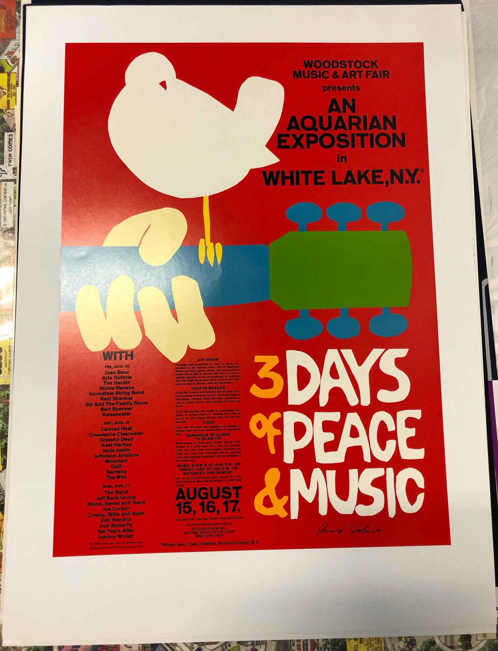 WOODSTOCK: Title: WOODSTOCK Artist: ARNOLD SKOLNICK Printing Date: 1969 Medium: LITHO Size/Format: 22 x 30 Provenance:ORIGINAL AUTHORIZED 1994 25th ANNIVERSARY OF WOODSTOCK POSTERCreated by Arnold Skolnick, the 
