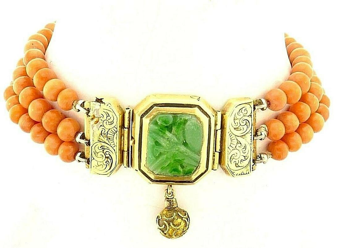 14k Yellow Gold Carved Jade Coral Beads Bracelet (1 of 7)