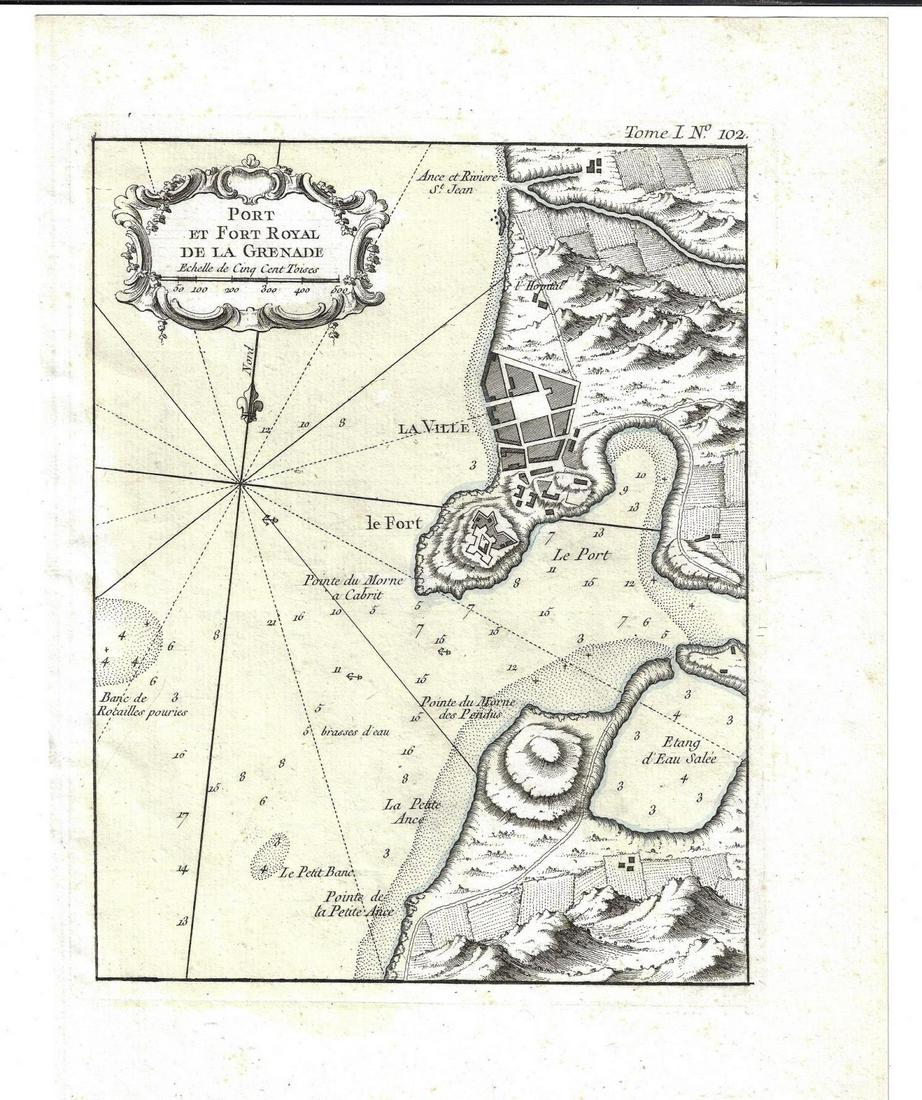 1757 Bellin Plan ofFort Royal Grenade: 1757 Plan of the “Port Et Fort Royal De La Grenade”, by Jacques Bellin. Tinted, in Fine condition, Measures 9 x 12”. Reserve: $30.00 Shipping: Domestic: Flat-rate of $5.00 to anywhere within the
