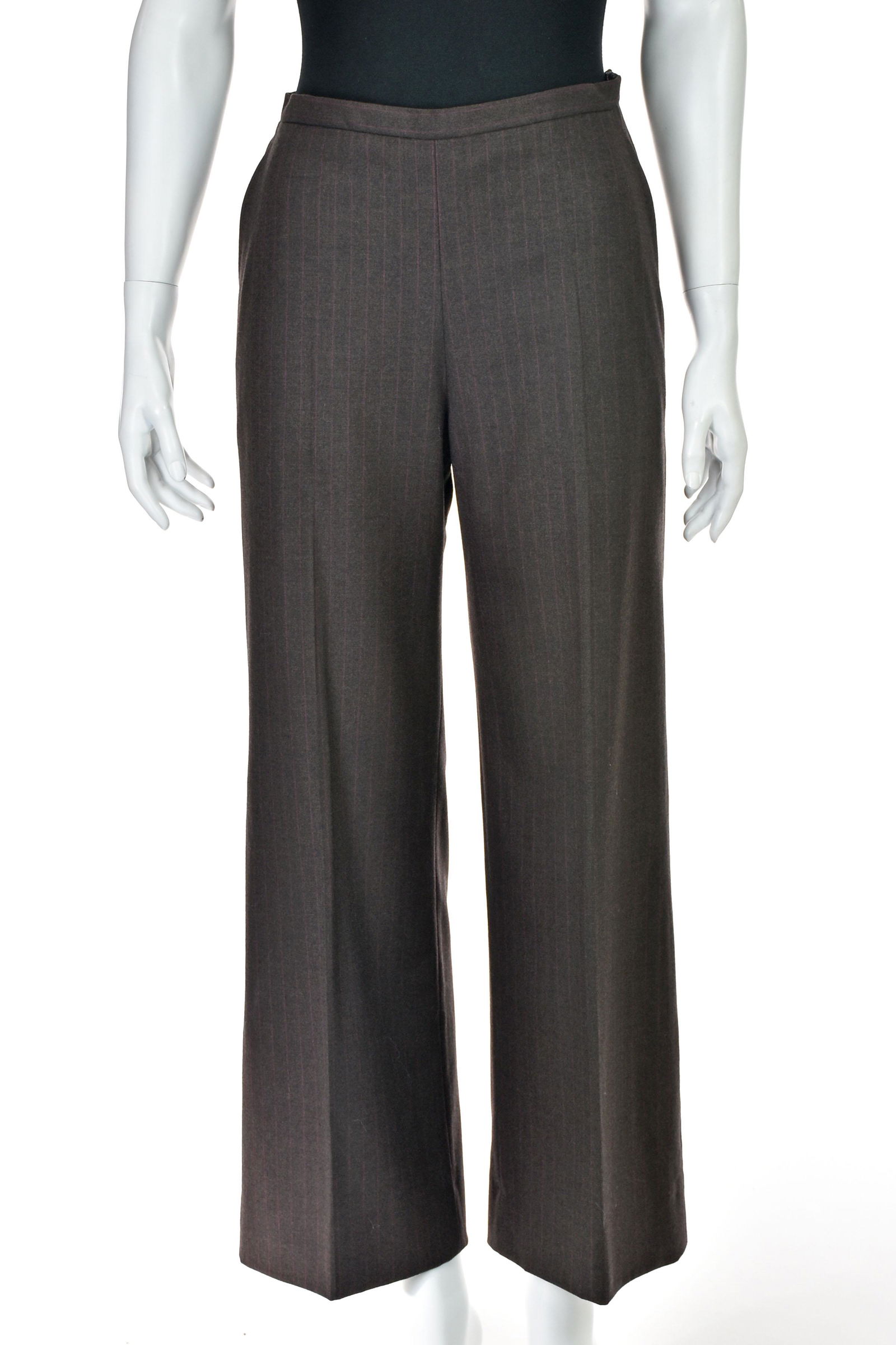 MAX MARA Brown with Pink Pinstripe Straight Leg: Tropical weight wool pants from Max Mara feature a pink pinstripe. The straight leg pants have a side zipper and two slash pockets. The pants have been shortened but there is enough material in the he
