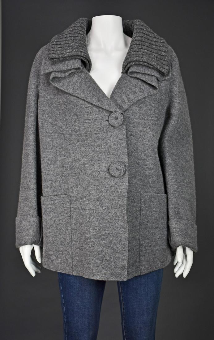 PIER-ANTONO-GASPARI Gray Boucle Wool with Knit Collar: Cute wool jacket from PierAntonio Gaspari looks like a cross between a boucle and a boiled wool. It features a wide knit collar over a folded collar in the shell fabric plus two large patch pockets, r