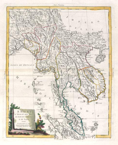 "Regni d'Aracan del Pegu di Siam di Camboge e di Laos": TITLE/CONTENT OF MAP: 'Regni d'Aracan, del Pegu, di Siam, di Camboge e di Laos' The Aracan Kingdoms of Siam, Pegu, Cambodia and Laos. Indochina DATE PRINTED: Published in 1785. Engraved in 1785 (this 