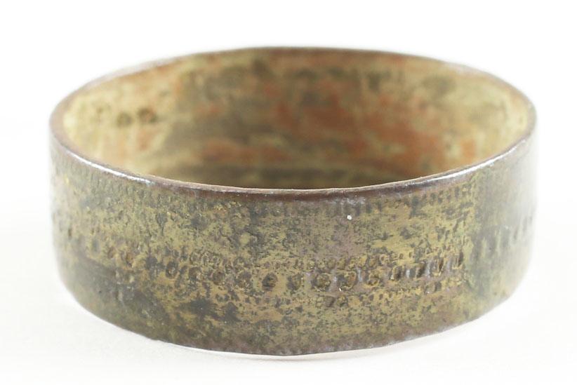 ANCIENT VIKING WEDDING RING C.850-1050 AD SIZE 6 ½: No Reserve! Broad, 6.5mm, flat-faced band, with medial hand stippled band.. Fine preservation. Vikings exchanged rings on the pommel of the groom’s sword. Gift boxed with a certificate of authentici