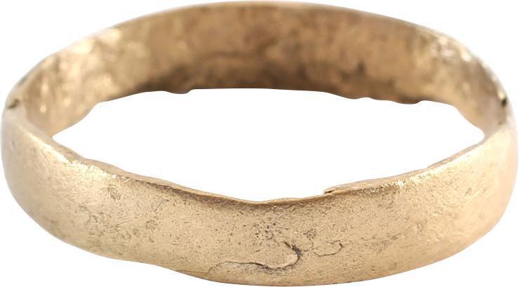 VIKING WEDDING RING: Late 9th-11th century AD. Gilt bronze, size 7 3/4. 3.0mm width band with a well-rounded face. The inside with distinct tool marks from the removal of the central core after casting. Vikings exchanged 