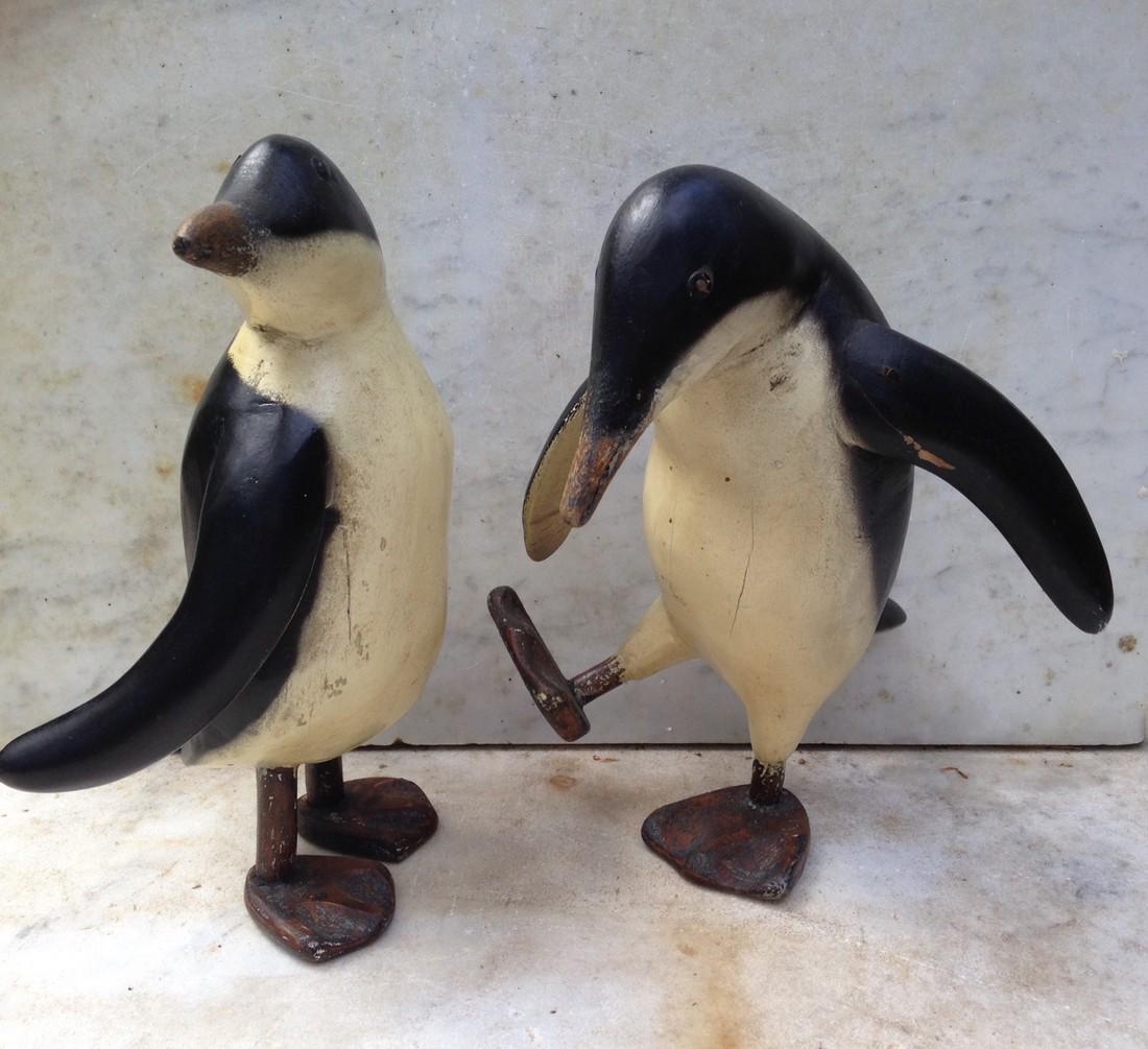 Pair C1940 Wooden Penguins In Good Used Condition: Title: Pair C1940 Wooden Penguins In Good Use Condition Dimension: Approximately 10" high Provenance:Nice paint surface. Metal (copper or brass) eyes Shipping: Domestic: Flat-rate of $30.00 to anywher