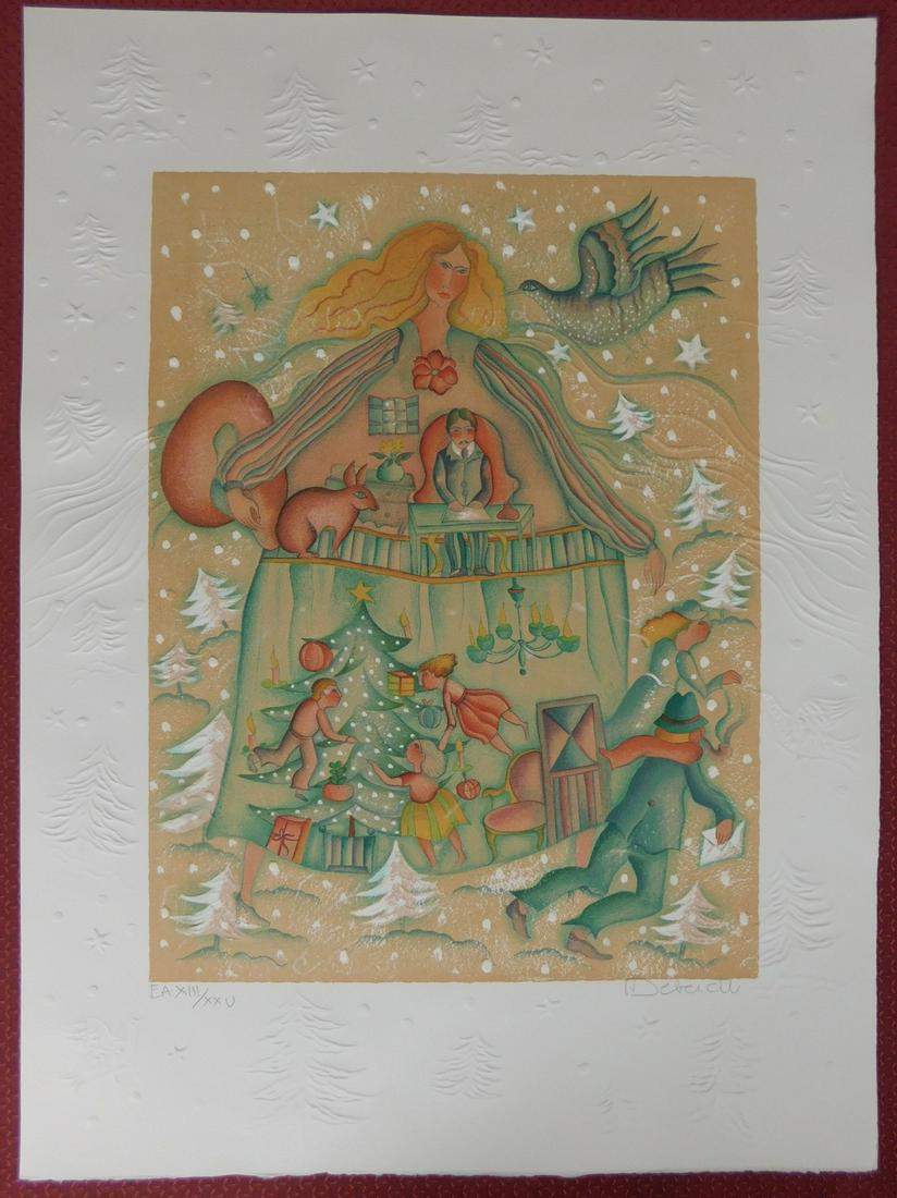 Suite Noel: la Fille et l'ecureuil: No Reserve! Title: Suite Noel: la Fille et l'ecureuil Maker: Francoise DeBerdt Origin: France Materials: Vellum paper Arches Dimensions: 64 x 48 cm Additional Information: Lithograph. Signed and numbe