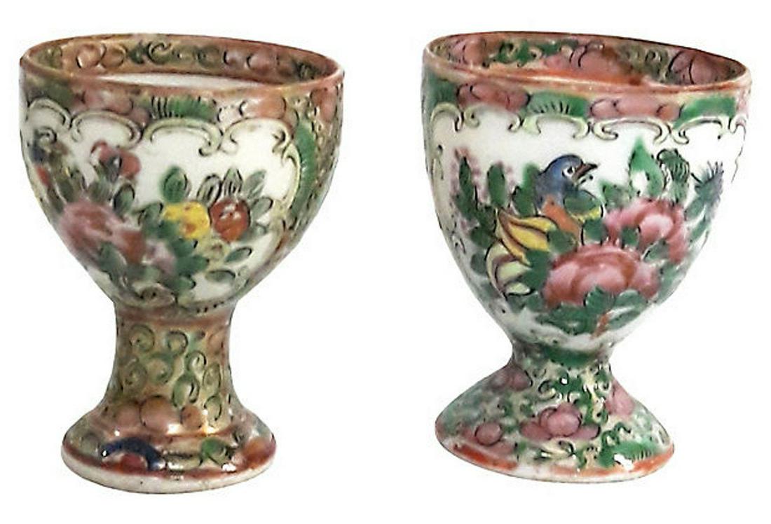 Pair Antique Chinese Export Rose Famille Egg Cups Oair: Title: Pair Antique Chinese Export Rose Famille Egg Cups Oair Chinese Antique Egg Cups Date/Period: Elegant pair of antique Chinese Export egg cups.Fine porcelain with beautifully hand painted in intr