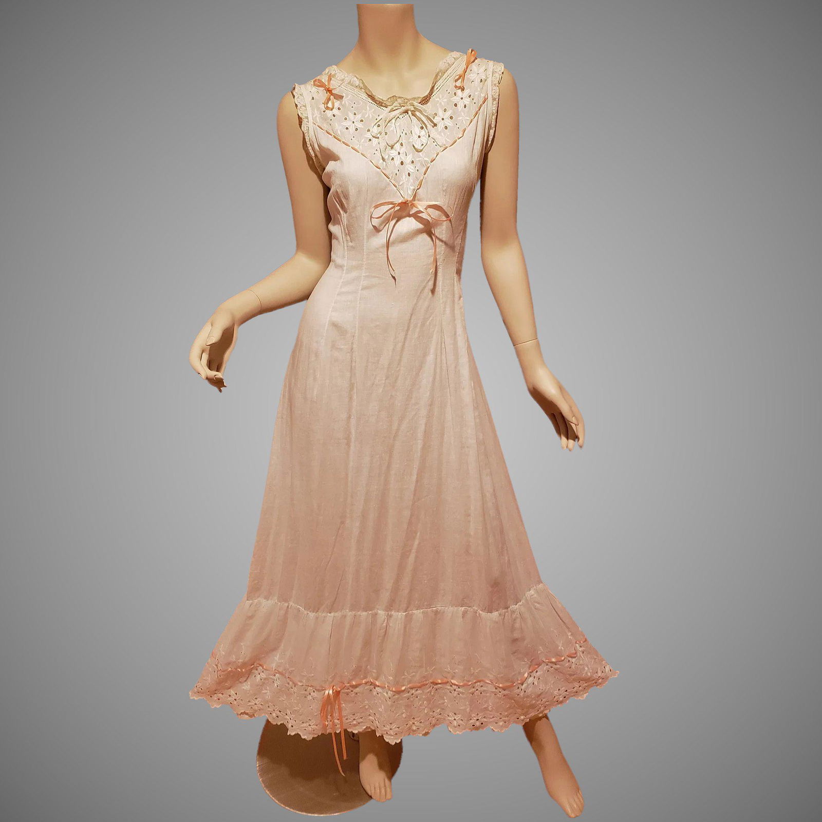 Edwardian Antique Hand Embroidered Lace Lawn under: Beautiful hand embroidered Lawn under dress or dress wide neckline with ribbon decoration and all embroidered also the wide double Flounce matching floral embroidery at Hem with ribbon in coral/peach