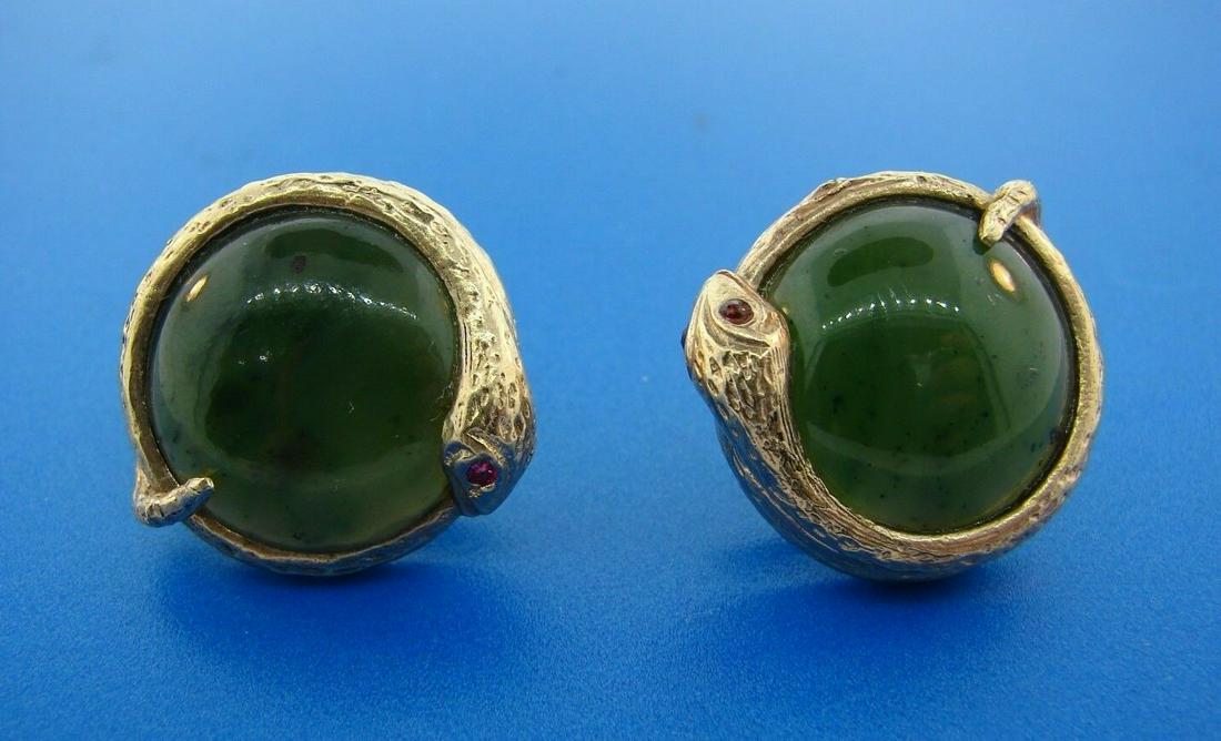 WOW 14k Yellow Gold, Nephrite & Ruby Snake Earrings (1 of 4)