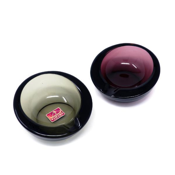Pair of Vintage Viking Glass Ashtrays: A pair of vintage Viking glass ashtrays, one grey and one purple. In excellent vintage condition with original sticker on one. 3.5" x 3.5" x 1.75" each Reserve: $50.00 Shipping: Domestic: Flat-rate of