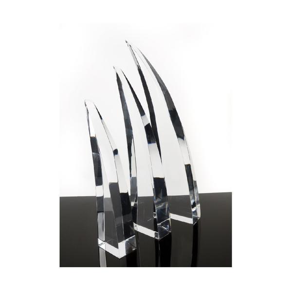 1970s Vintage Lucite Sculptures - Set of 3: A striking set of set of three curved lucite sculptures in the style of Hivo Van Teal and Shlomi Haziza. Face them in the same direction, they’re a wave; in opposite directions, they create an abstr