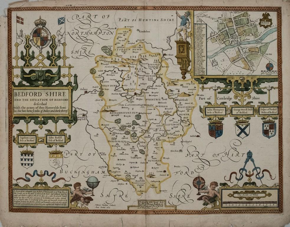 1610 Speed Map of Bedfordshire -- Bedford Shire and the: Title: 1610 Speed Map of Bedfordshire -- Bedford Shire and the Situation of Bedford Described with the Arms of thos Honorable Familyes that have Borne ye Titles of Dukes and Earls thereof Date: 1610, 