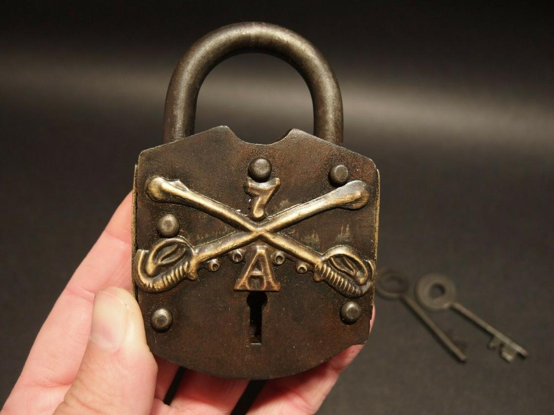 Iron Ammo Box Lock Key 7th Calvary Civil War Padlock: 4" Tall x 2 5/8" Wide 1" Thick Just wonderful heavy duty antique reproduction iron padlock with keys. Fully functional, looks great on an old truck or chest! Reserve: $25.00 Shipping: Domestic: Flat-r