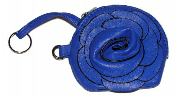 Blue Leather Flower Coin Change Purse Wristlet: Blue Leather Flower Wristlet Change Purse Style: Wristlet Change Purse Material: Leather Color: Blue Closure: zipper Dimensions: 5 x 4 x 1" Includes detachable wristlet strap, keychain So Cute! So Ver