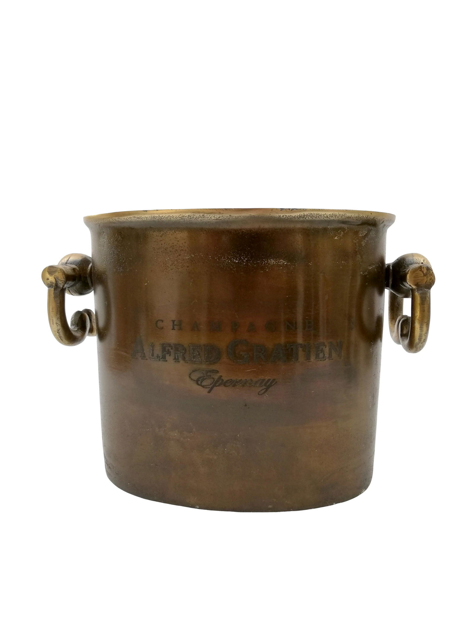 Champagne Alfred Gratien - Wine Cooler/Champagne: Title: Champagne Alfred Gratien - Wine Cooler/Champagne cooler/champagne ice bucket - Brass, Bronze Maker: Champagne house Alfred Gratien Origin: France Date/Period: 1950's Materials: Bronze & Messing