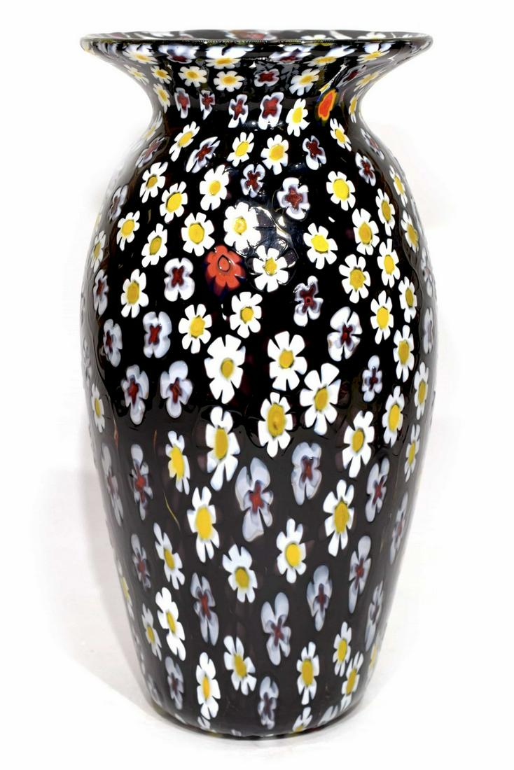 Murano glass black murrine vase: Title: Murano glass black murrine vase Maker: Mario Formentello Origin: Murano Date/Period: 2018 Material: glass Size: 24x12 cm 720 grams Description: Glass vase with multicolored murrine, made by Gla