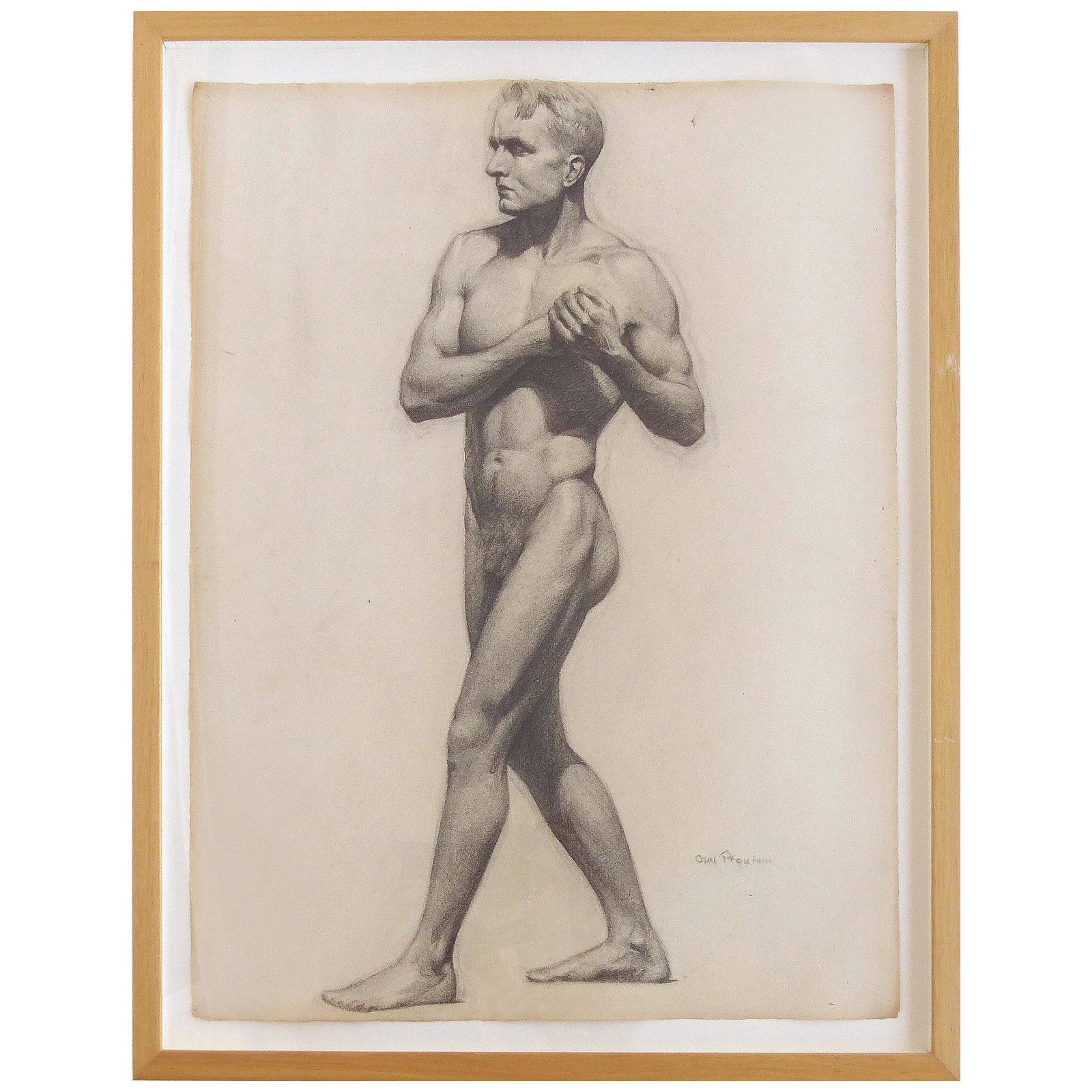 Carl T. Pfeufer Male Nude Study Pencil Drawing Signed: Offered for sale is a pencil drawing of a male nude study by American artist Carl T. Pfeufer. Simply framed under glass, wired and ready to hang. Carl T. Pfeufer (September 29, 1910 Â– May 5, 1980)
