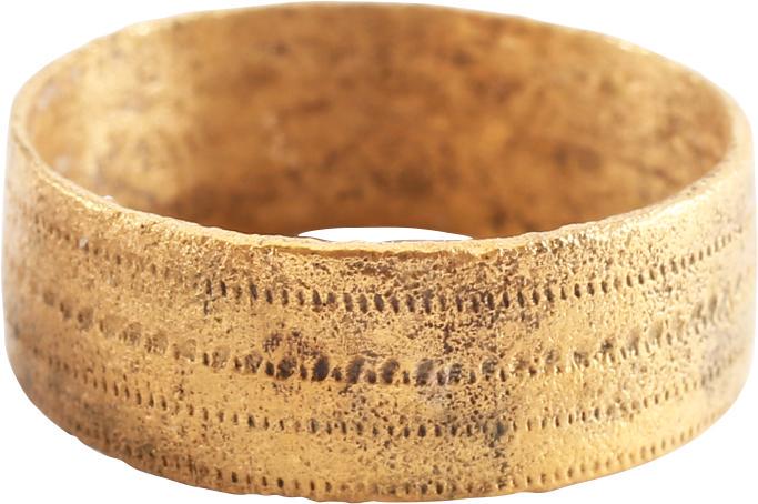 VIKING WEDDING RING, 866-1067 AD SZ 7 ¼: Cambridgeshire England. Gilt bronze, size 7 1/4. Very broad, 6.7mm, flat section with fine angled central stipple band flanked by stipple bands of smaller scale and impression. Professionally refurbis