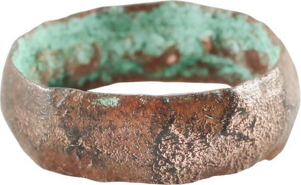 DOUBLY RARE VIKING WEDDING RING, 900-1050 AD: No Reserve! Danelaw England. Copper, size 1 ¼ for the small finger as was the custom. Broad 5.3mm band, with rounded hammer finished face. Made by casting with a central core to distribute the molten