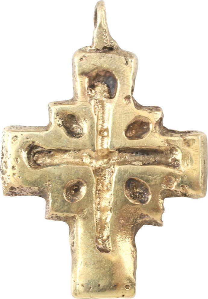 MEDIEVAL EUROPEAN PILGRIM’S RELIQUARY CROSS: 7th-10th centuries. The back recessed for inclusion of a holy relic which was sealed in. Carried by European Pilgrims traveling to the Holy Land to visit the land where Christ lived and died. Just ove