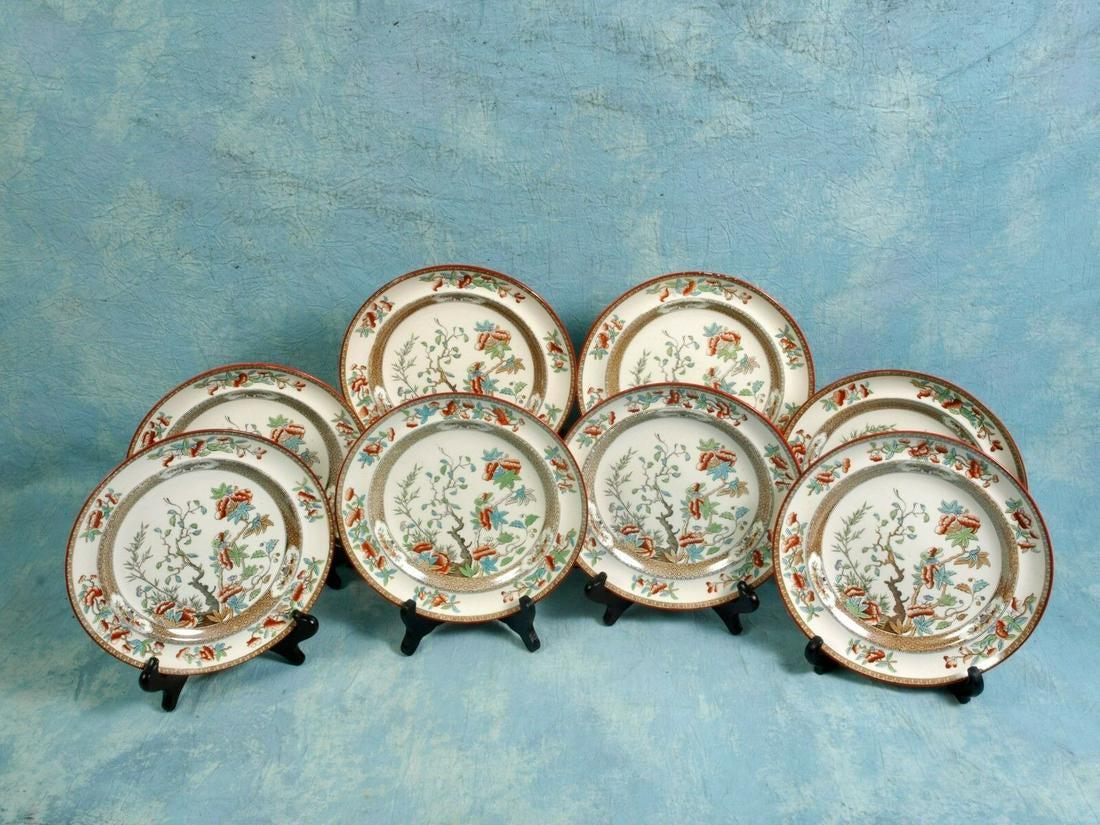 Spode COPELAND Indian Tree Green Rust Dinner Plates set: This is a set of eight (8) exceptional early luncheon/dinner plates made by William Taylor Copeland in the famous Indian tree pattern. They had impressed Copeland mark, that dates the pieces between 1