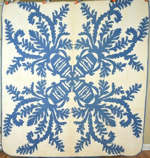 Vintage Hawaiian Antique Quilt c. 1900 "Vase of 'Iolani: MUSEUM QUALITY Vintage Hawaiian Antique Quilt c. 1900 "Vase of 'Iolani Palace"! This MAGNIFICENT cotton blue and white Hawaiian cutout quilt is hand appliqued and hand quilted, dating back to the 1880