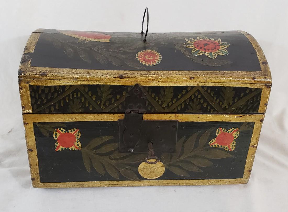 Dome Lid Brides Box With Bird And Floral Decoration Ca: Title: Dome Lid Brides Box With Bird And Floral Decoration Ca 1860-1880. Dimension: 10 3/4" wide x 7" x 6 1/2" deep Provenance:Near mint condition with great surface, original hasp, lock and key. Wire