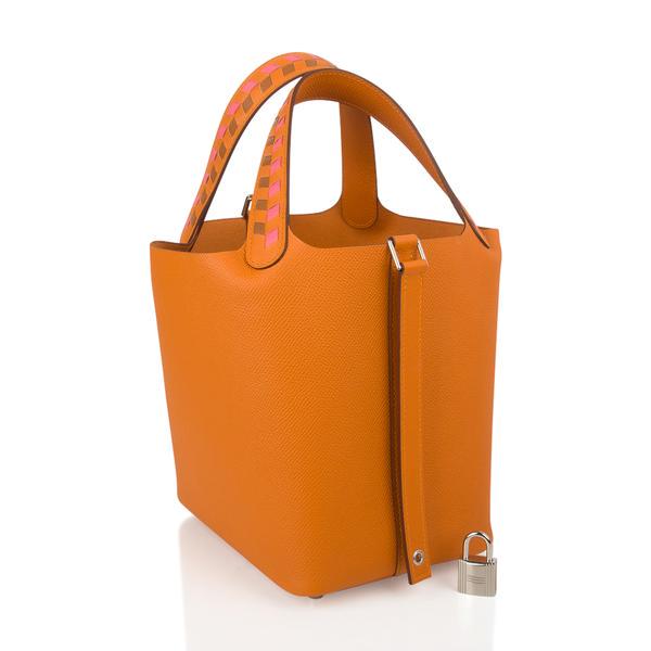 Hermes Picotin Lock 18 Bag Tressage Abricot Epsom Tote: Guaranteed authentic Hermes Picotin Lock 18 tote bag features exquisite Abricot. Featured in Epsom leather and with Palladium hardware. This roomy small tote is a perfect go to bag! Comes with lock an