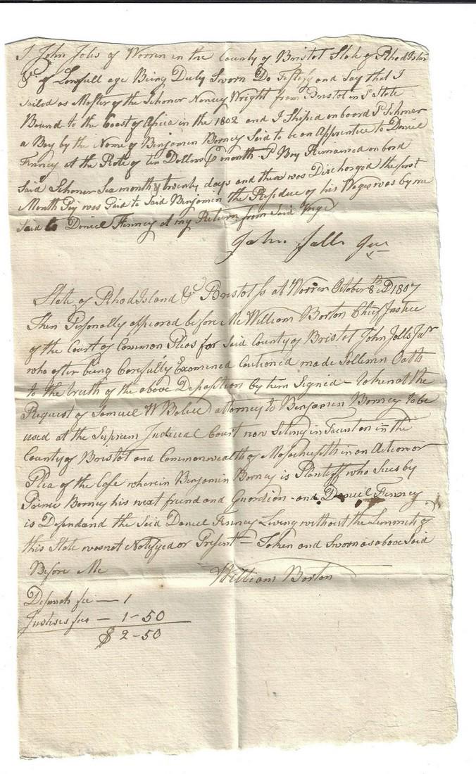 1807 Rhode Island Legal Manuscript Testimony (1 of 1)
