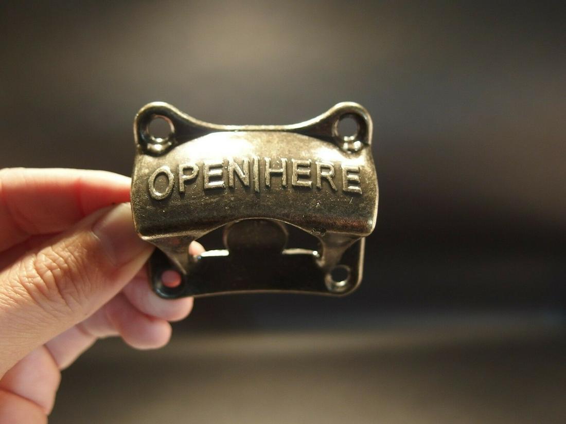 Beer Soda Bottle Cap Opener Old Bronze Finish: 2 5/8" Wide x 2 3/8" Tall x 1 1/8" Extension Great reproduction metal "open here" bottle opener. All of our items come with a 100% customer satisfaction guarantee. Reserve: $2.00 Shipping: Domestic: F