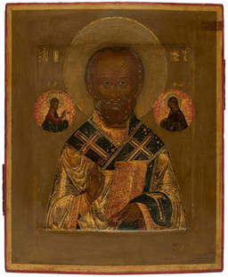 Russian Icon of Saint Nicholas: Russian Icon of Saint Nicholas. Circa 1816, Moscow, Mstera. Egg tempera, gold leaf and gesso on wood. Kovcheg, two splints in the back. Condition: The icon has nail holes on the sides, which