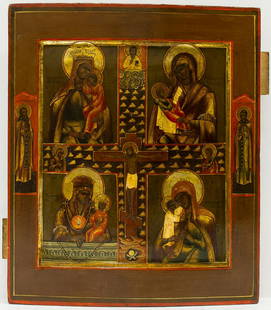 Russian Four-Part Mother of God icon with Crucifixion: Russian Four-Part Mother of God icon with Crucifixion. 19th century, Moscow. Egg tempera, silver leaf and gesso on wood. Two splints in the back. Size: 12 1/4 x 10 1/4 in (31 x 26 cm) Reserve: