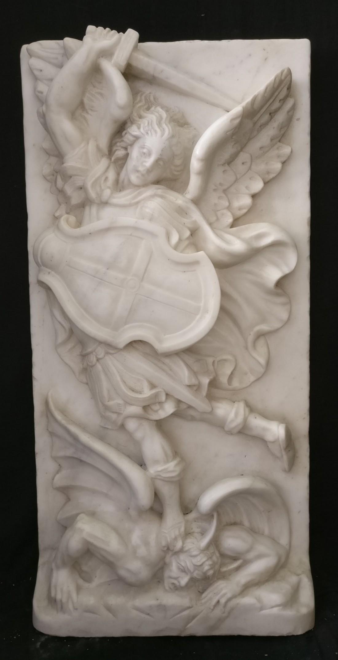 High-relief in Carrara Statuary Marble - St. Michael: Title: High-relief in Carrara Statuary Marble - St. Michael Archangel and Lucifer Maker: Masters artisans of the time Origin: Italy, Venice, It comes from furnishings in an important aristocratic resi