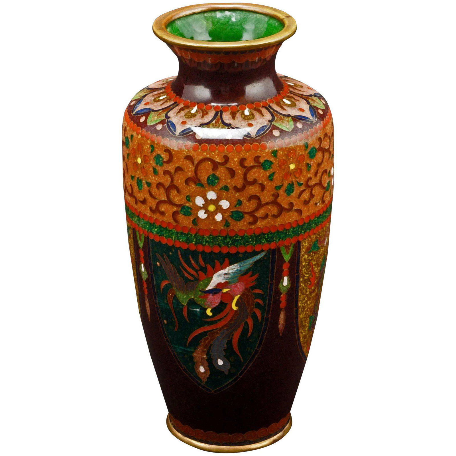 Japanese Meiji Cloisonné Vase Dragon Phoenix c1900: Title: Japanese Meiji Cloisonné Vase Dragon Phoenix c1900 Size: 12 x 12 x 12 Additional Information: A very fine Japanese cloisonné vase with elaborate designs and many deep, rich colors. The workma